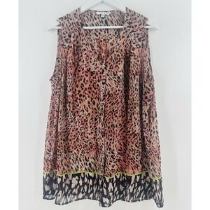 CAbi Sleeveless Leopard Print‎ Pink Orange Classic Sheer Tunic Blouse Sz XL AA04